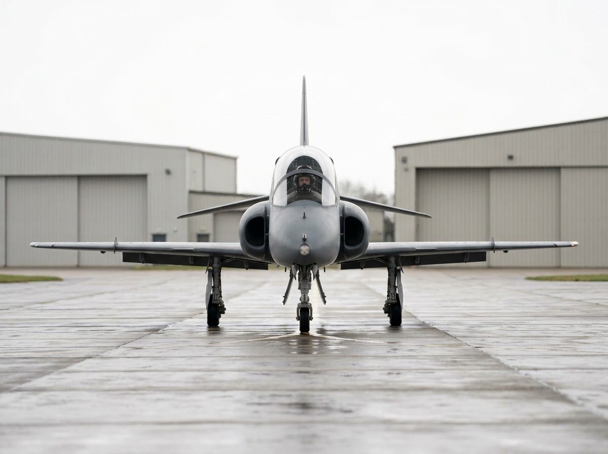 A grey single-seat jet aircraft taxiing on a wet apron, viewed head-on