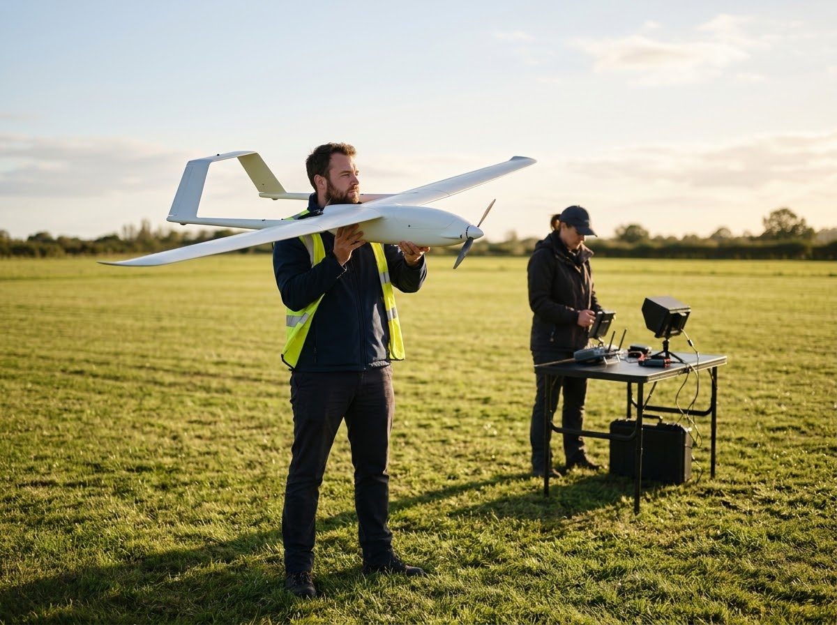 A crew member holding a large white fixed-wing remotely piloted aircraft before launch on a grass airfield