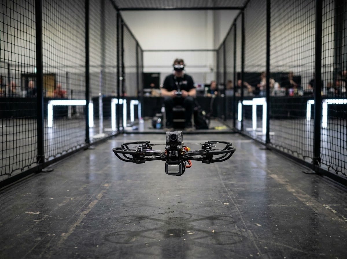 A quadcopter racing drone hovering inside a netted indoor arena