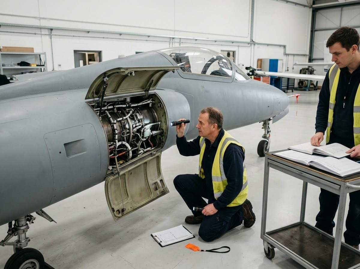 A technical inspector examining the open engine bay of a grey jet aircraft in a hangar while a colleague reviews logbooks